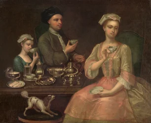 Une famille de trois personnes prenant le thé, vers 1727